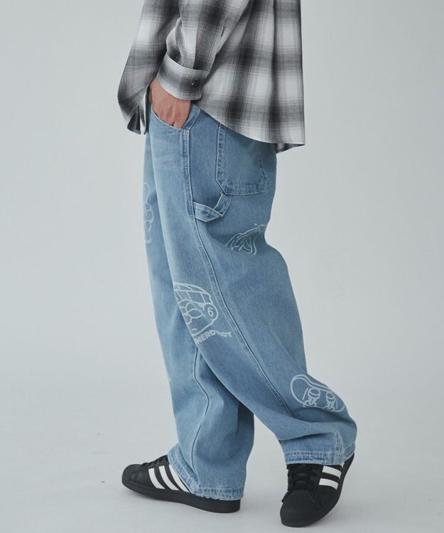 WEGO 【ウエスト紐で調整】イージーペインターグラフィックデニムパンツ 柄1