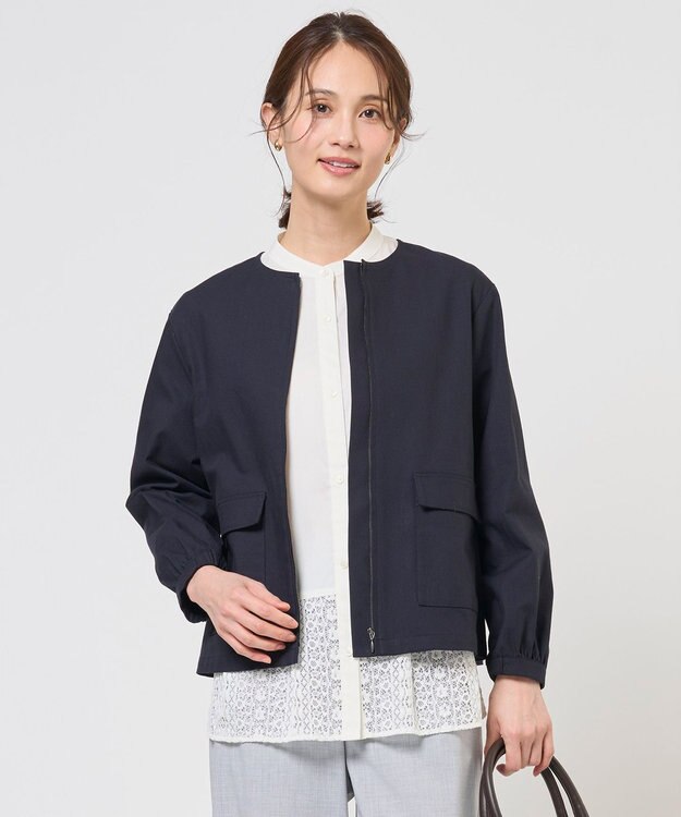 J.PRESS LADIES L TCリネン ドライツイル ノーカラー ブルゾン ネイビー系