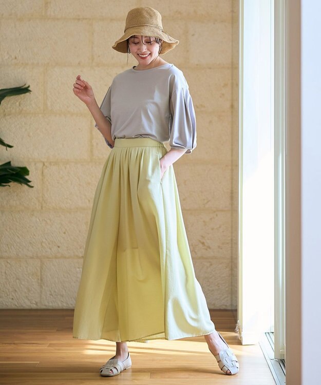 ANY L 【洗濯機可/ウエストゴム/UVケア】スパンボイル撥水スカートパンツ イエロー