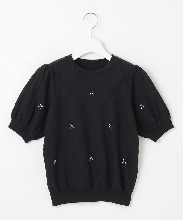 Feroux 【洗える】リボン刺繍ダイヤ柄 ニット ブラック系