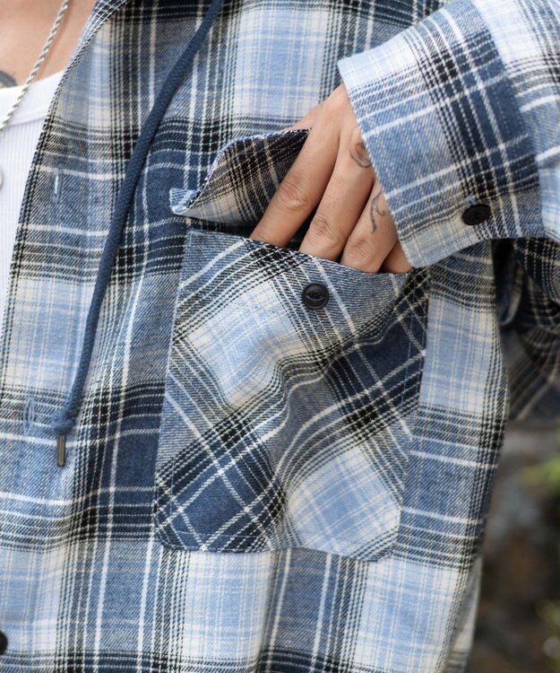 WEGO 【25年秋冬新作/ユニセックス着用ITEM/MLサイズ展開】オンブレチェックフードネルシャツ（LS） ブルーチェック1