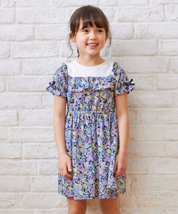 ANY KIDS オンオフショルダー ガーリー ワンピース ネイビー系花柄