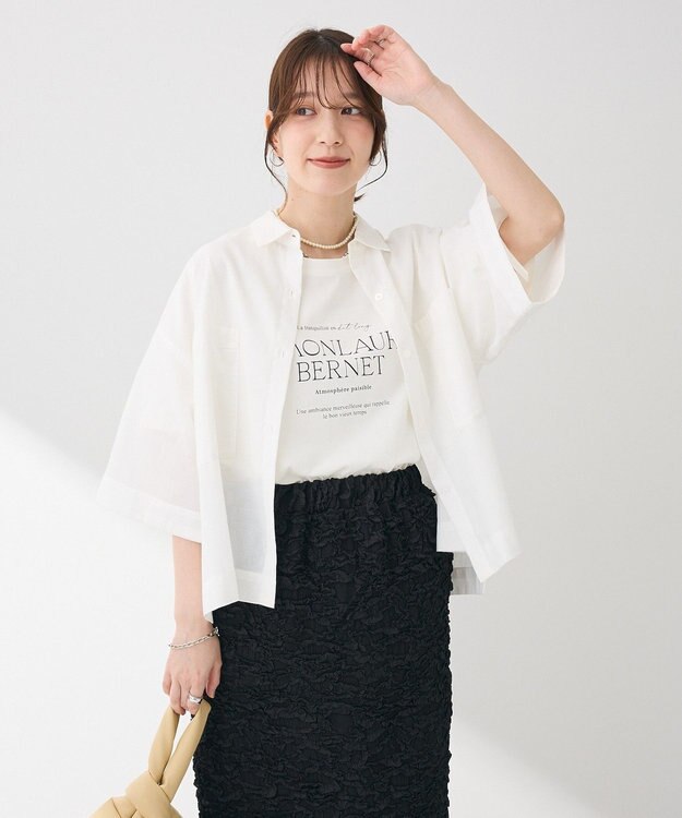 Green Parks 綿麻混５分袖ターンバックシャツ Off White