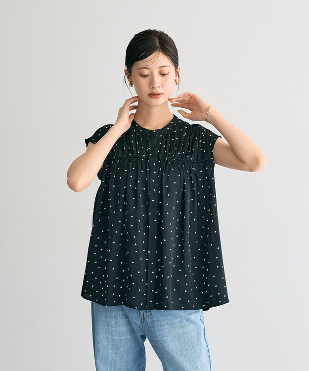 YECCA VECCA ドット柄ギャザーブラウス Black