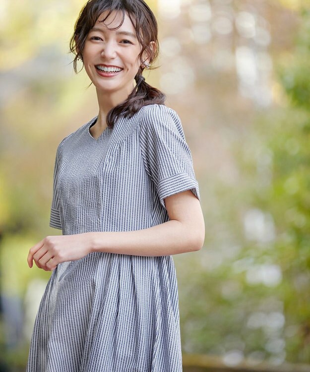 Tiaclasse 【洗える】サッカーストライプワンピース ネイビーストライプ