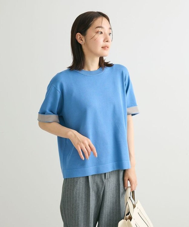 Green Parks 袖裏配色５分袖ニットプルオーバー Blue