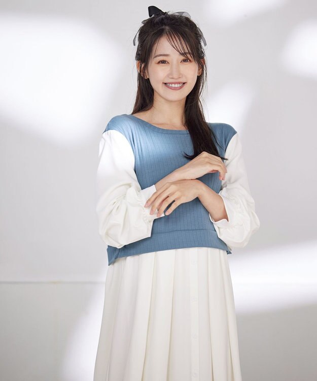 Tiaclasse 【洗える】一枚でコーデが決まるニットソーレイヤード風ワンピ ブルー×オフ