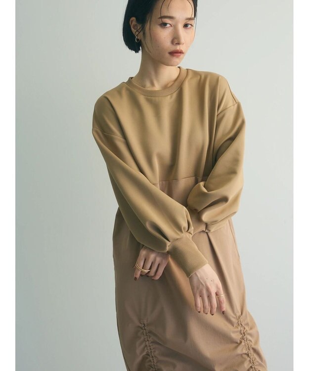 Green Parks armonia.異素材シャーリングワンピース Light Gray