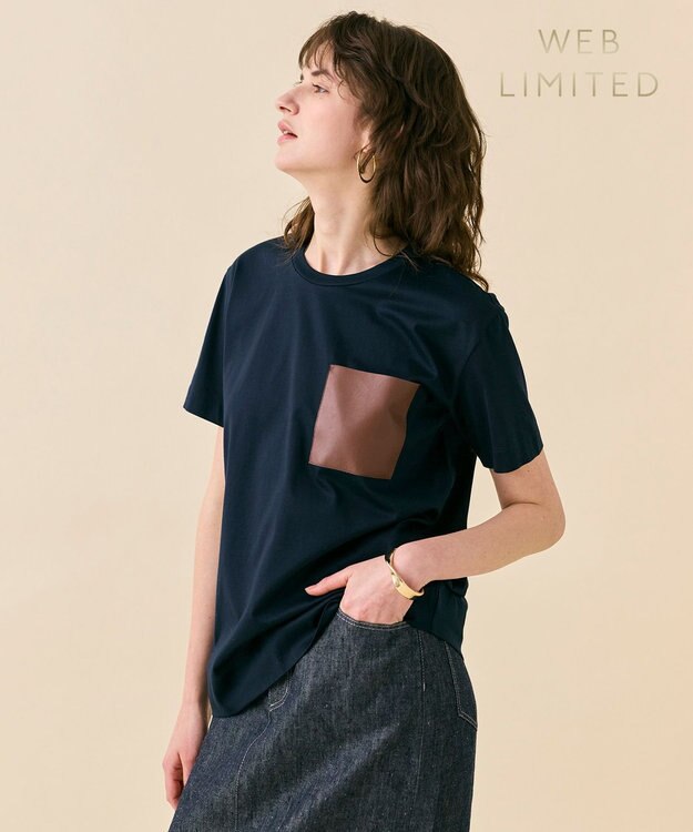 BEIGE， 【WEB限定・洗える】TORENIA / レザーポケットコットンクルーネックTシャツ Navy×Brown