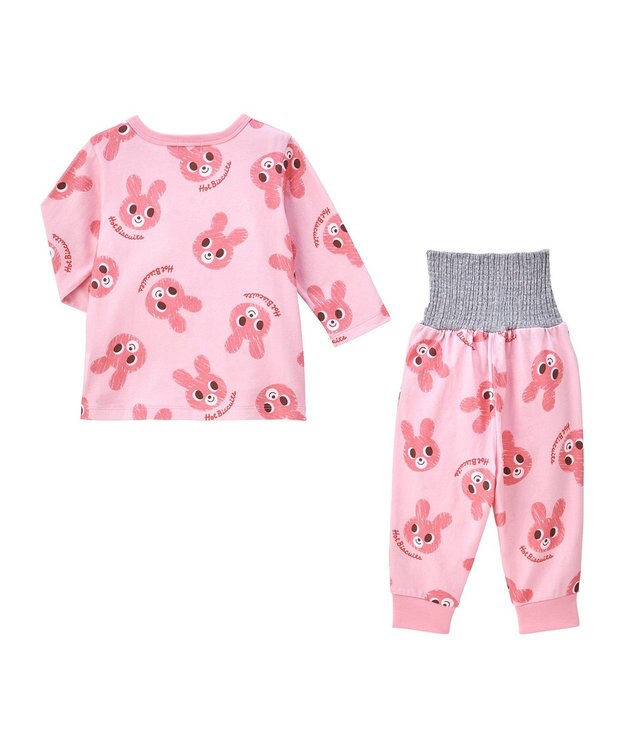 MIKI HOUSE HOT BISCUITS 【80-120cm】 キャビットフェイスプリント 腹巻き付き長袖パジャマ ピンク