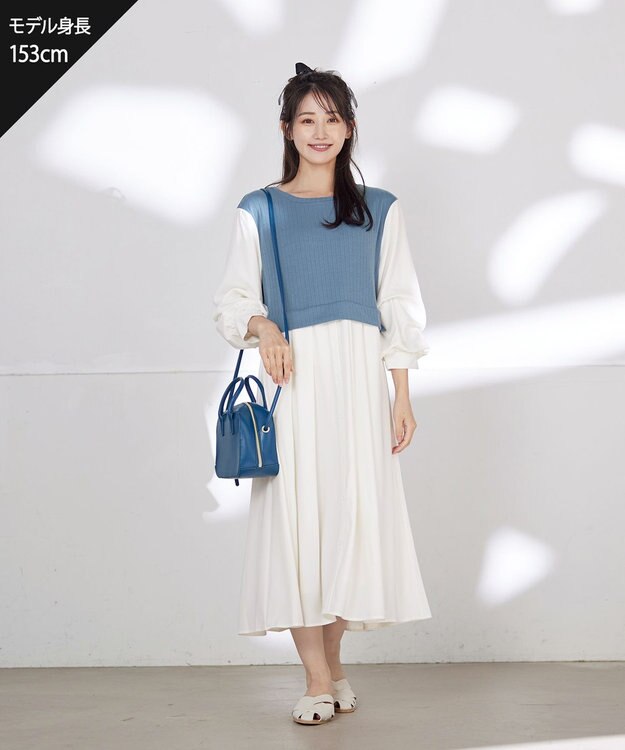 Tiaclasse 【洗える】一枚でコーデが決まるニットソーレイヤード風ワンピ ブルー×オフ