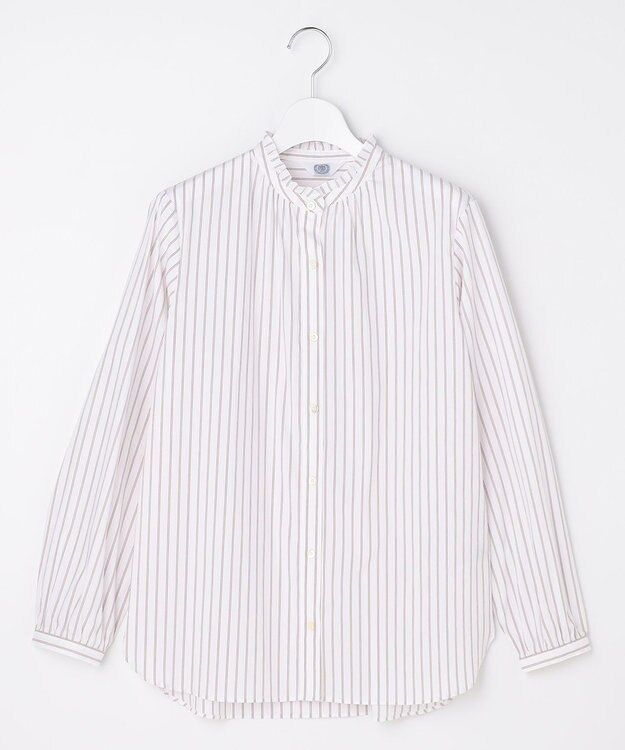 J.PRESS LADIES S BEZコットンナイロン ストライプ フリル襟 ブラウス ホワイト×ピンク×ネイビー系