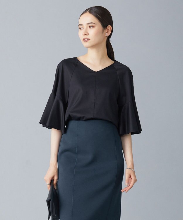 ICB 【洗える】コットンサテン　フレアスリーブブラウス ブラック系