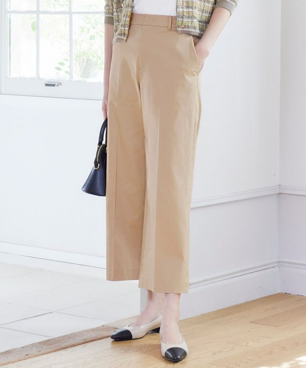 自由区 S 【UVカット・接触冷感・洗える】コットンサテンクロップド丈ワイドストレート パンツ ベージュ