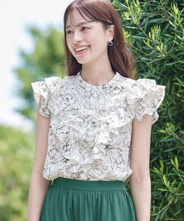 Tiaclasse 【新色追加・洗える】花柄フリルシャツブラウス オフホワイト