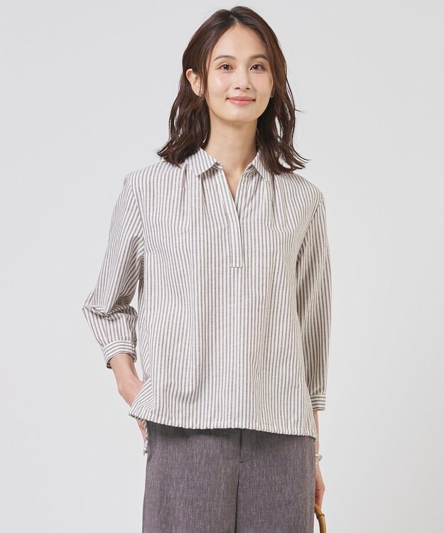 J.PRESS LADIES リネンMIX ストライプ スッキパー ブラウス ブラウンストライプ系