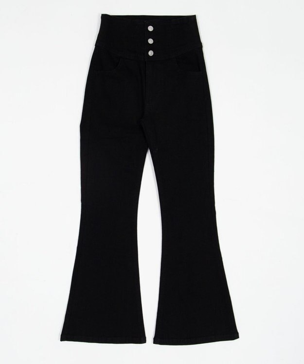 WEGO 【ストレッチ/美脚/脚長シルエット/XSSMサイズ展開】ハイウエストストレッチフレアデニムパンツ デニムブラック