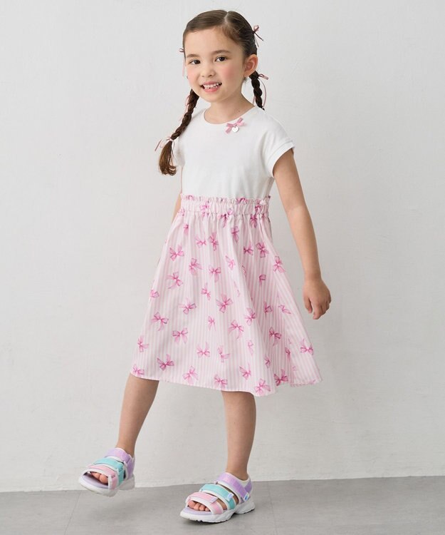 ANY KIDS 【接触冷感】ひんやり ドッキングワンピース ピンク×リボン
