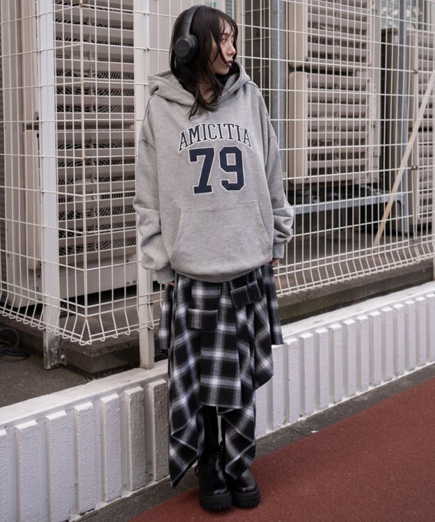 WEGO グラフィックビッグプルパーカー 杢グレー