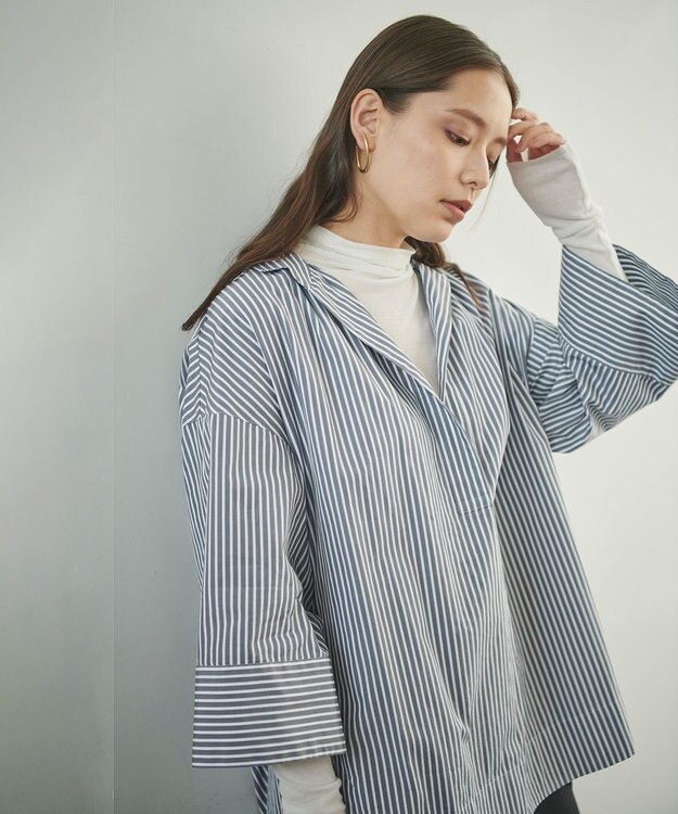 #Newans 【ANSWER for ヘルシーカジュアル】ワイドスリーブシャツ グレー系ストライプ