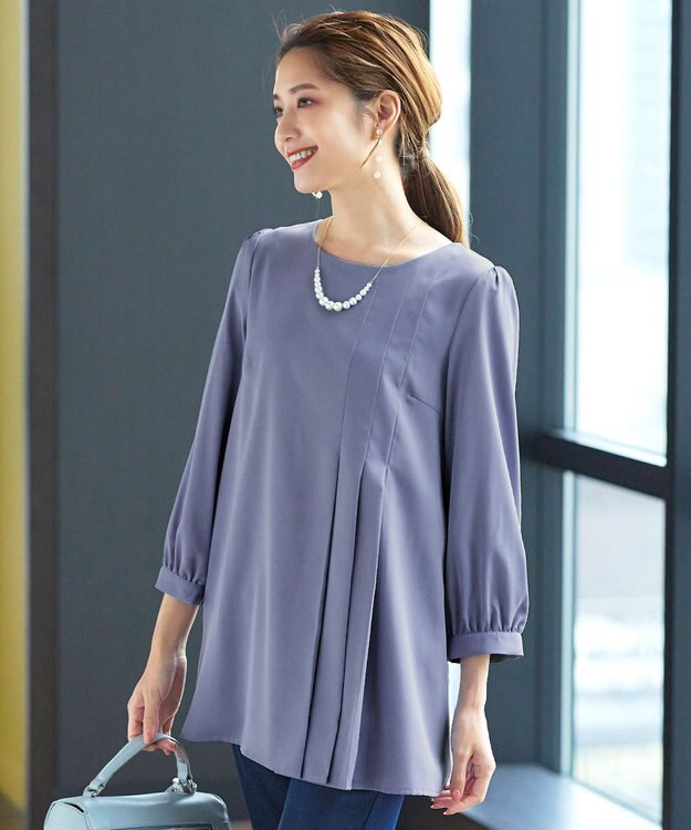 Tiaclasse 【洗える・スマート裏起毛】アシメタックチュニックブラウス サックスグレー