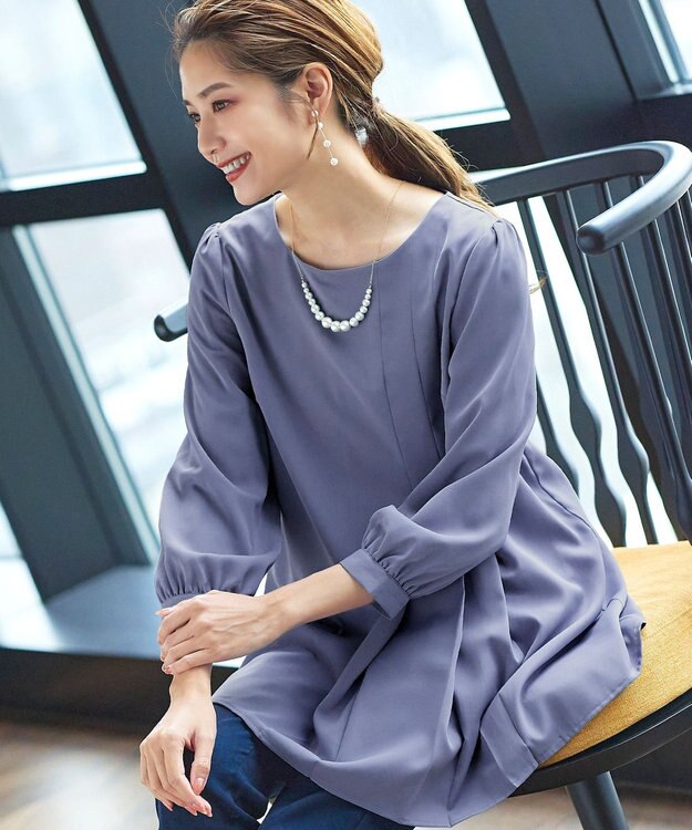 Tiaclasse 【洗える・スマート裏起毛】アシメタックチュニックブラウス サックスグレー