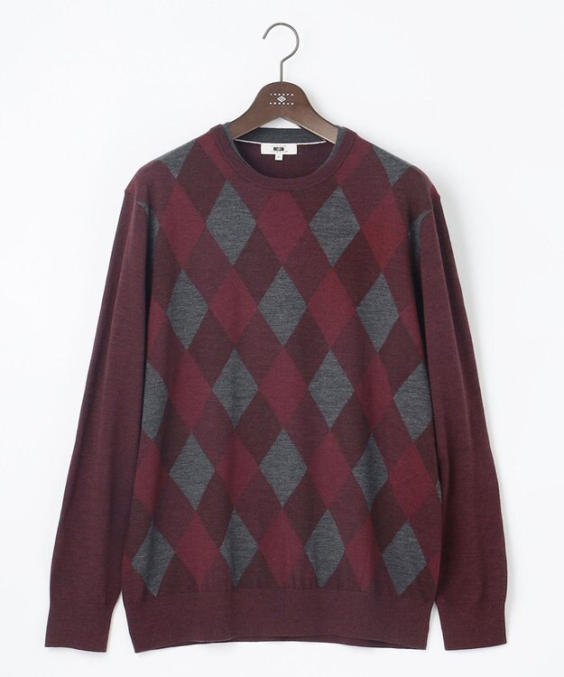 JOSEPH ABBOUD 【キングサイズ・滑らかな肌触り/洗える】 エクストラファインメリノアーガイルクルーネック  ニット ワイン系7