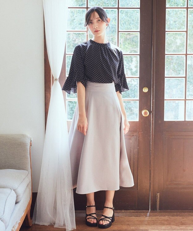 earth music&ecology フリル７分袖ブラウス Dot Black