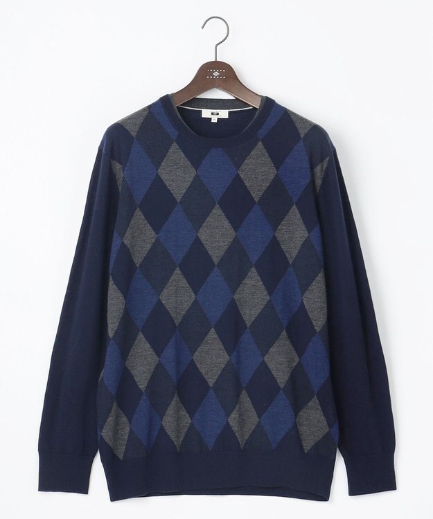 JOSEPH ABBOUD 【キングサイズ・滑らかな肌触り/洗える】 エクストラファインメリノアーガイルクルーネック  ニット ネイビー系7