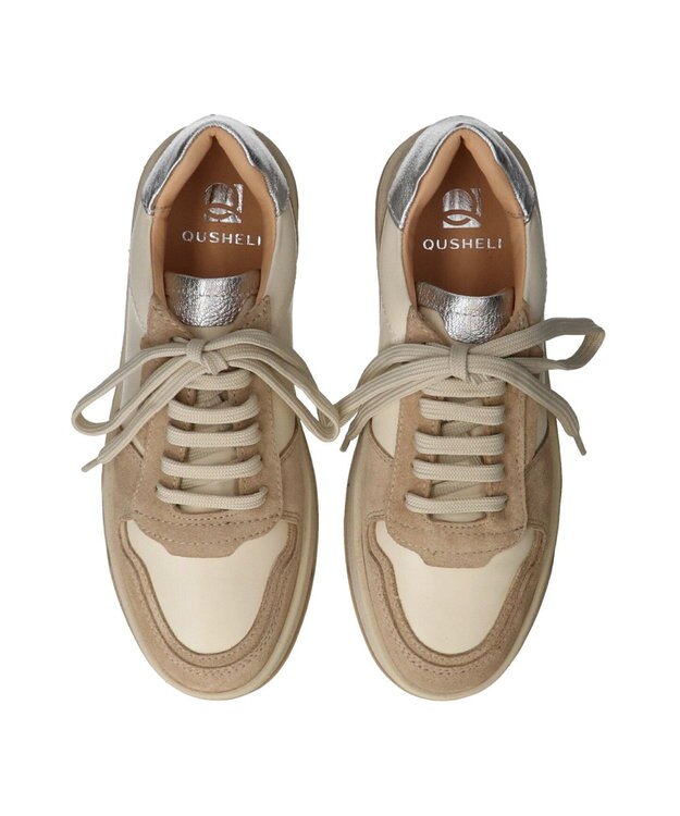 INTER-CHAUSSURES 【QUSHELI】異素材コンビレースアップスニーカー アイボリーコンビ