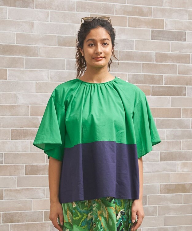 J.PRESS YORK STREET 【WOMEN】バイカラーギャザー ブラウス グリーン系1