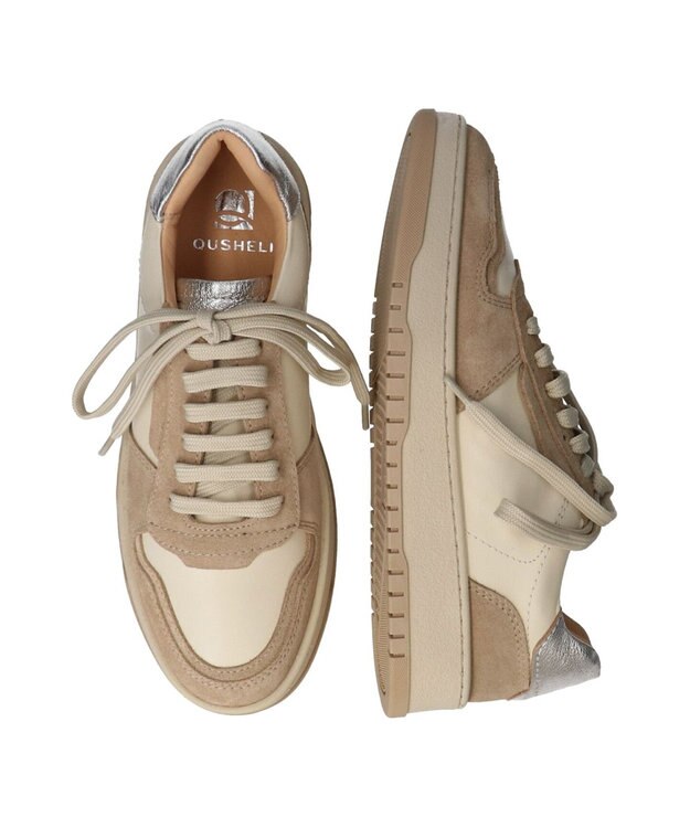 INTER-CHAUSSURES 【QUSHELI】異素材コンビレースアップスニーカー アイボリーコンビ