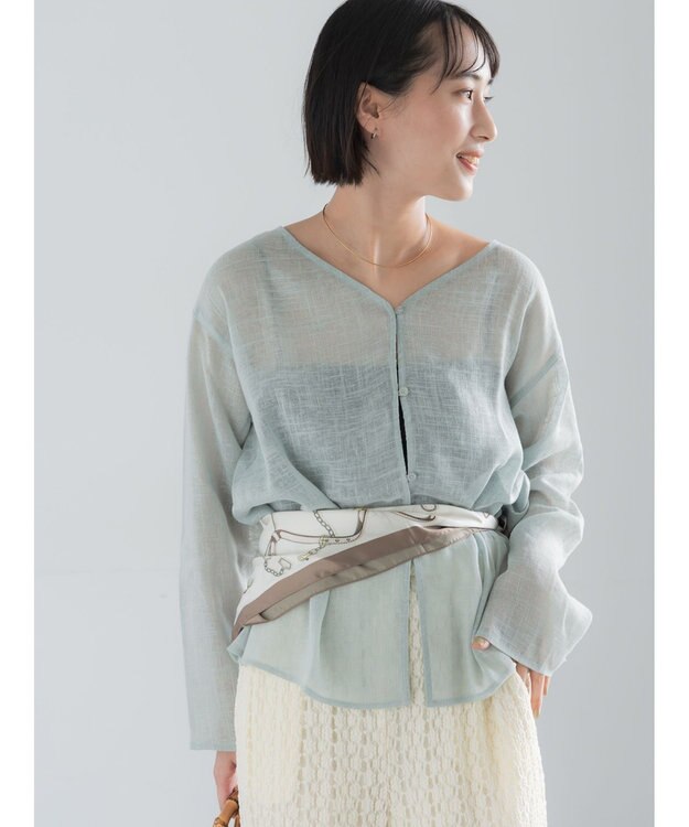 Te chichi レーヨンリネンメッシュシャツ サックスブルー