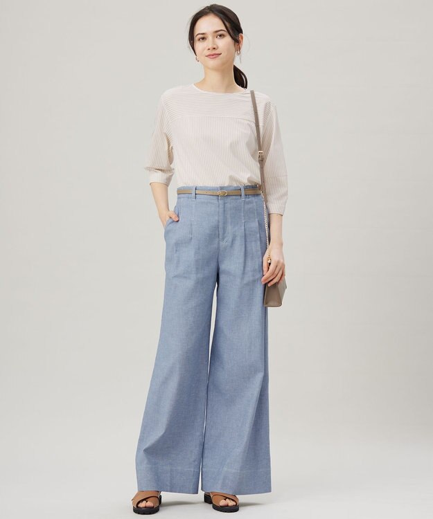 自由区 【洗える】コットンリネンシャンブレーワイドストレート パンツ ライトブルー系