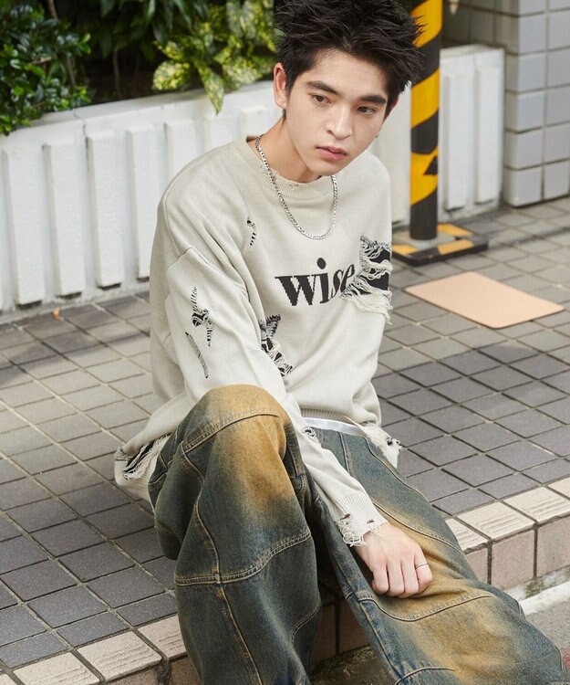 WEGO 【ユニセックス着用ITEM】ダメージジャガードニットプルオーバー オフホワイト