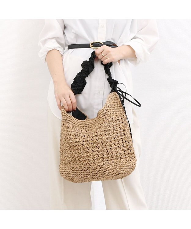 UNBILLION カシュカシュ cachecache / ドロストフリルハンドル地柄編みトート カゴバッグ ブラック