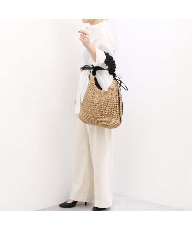 UNBILLION カシュカシュ cachecache / ドロストフリルハンドル地柄編みトート カゴバッグ ブラック