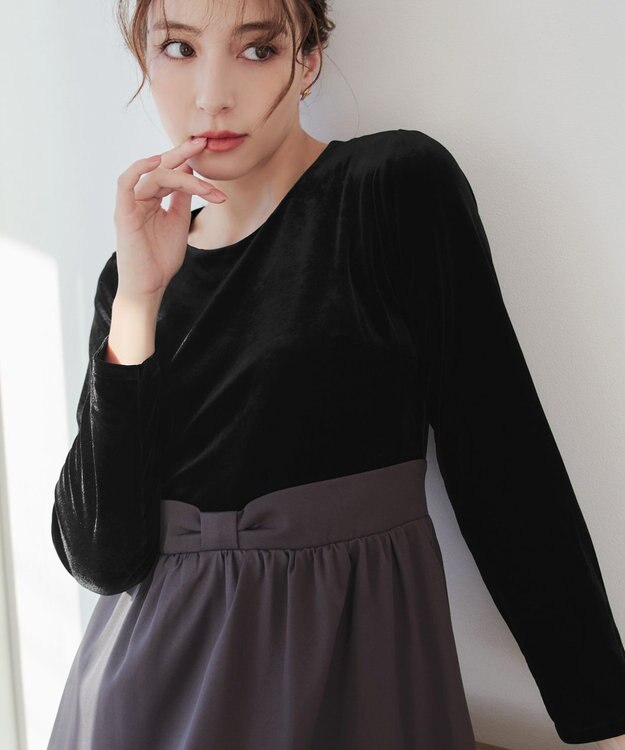 Tiaclasse 【洗える】ベロア異素材ドッキングワンピース ブラック×チャコールグレー