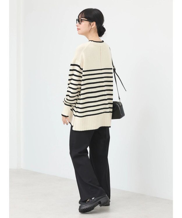 earth music&ecology ウォッシャブル脇スリットクルーネックプルオーバー Border Ivory