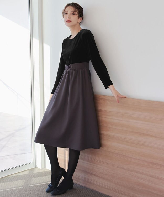 Tiaclasse 【洗える】ベロア異素材ドッキングワンピース ブラック×チャコールグレー