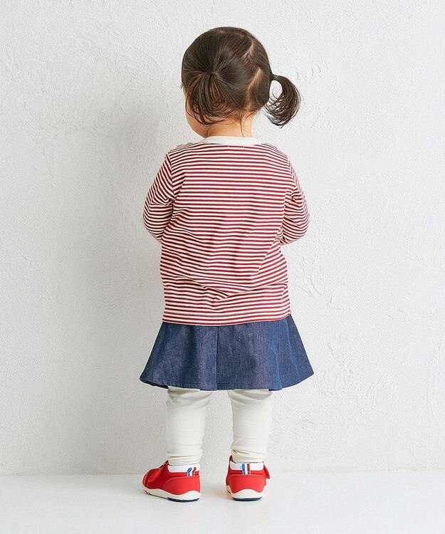 MIKI HOUSE HOT BISCUITS 【70-120cm】【Everyday Series】ワンポイント ボーダー長袖Tシャツ ワインレッド