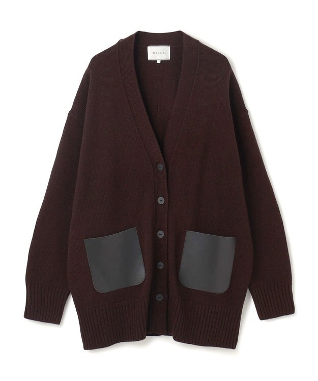 BEIGE， 【洗える】LEADER / フェイクレザーポケットオーバーサイズカーディガン Bordeaux