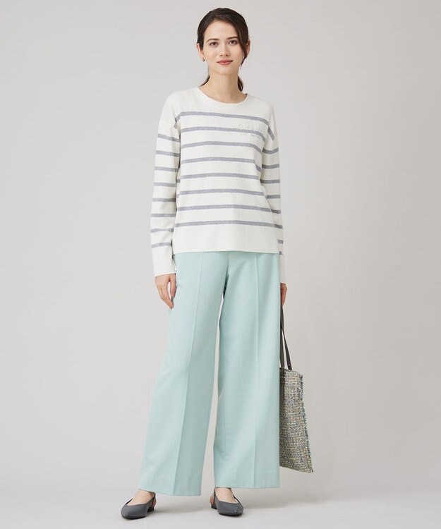 自由区 S 【洗える】コットンウールハイゲージボーダー ニット エクリュ×ライトグレー