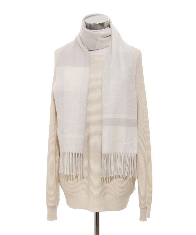 MOONBAT 【洗える】FURLA カシミヤ混ラメ入りチェックストールマフラー／幅30cm グレー