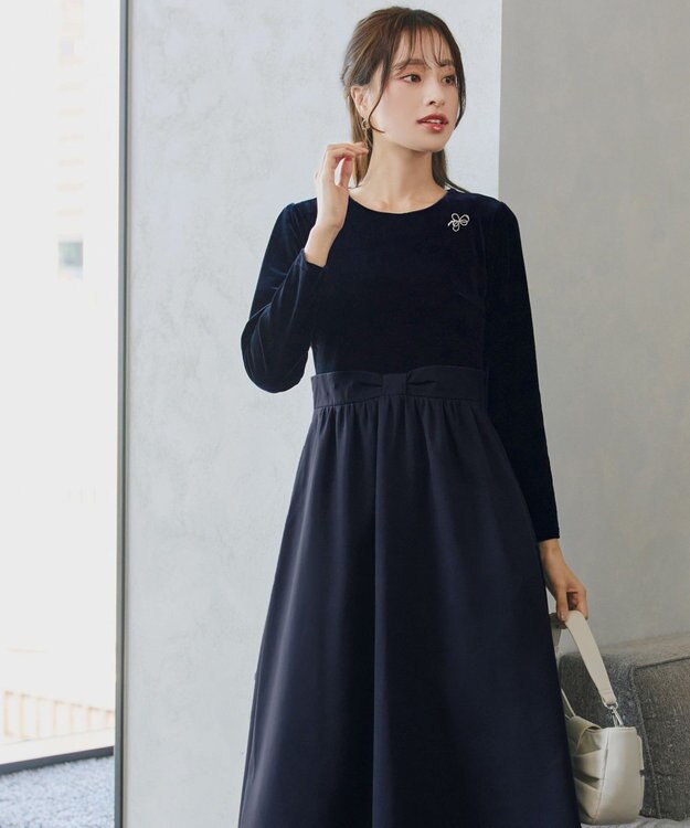 Tiaclasse 【洗える】ベロア異素材ドッキングワンピース ネイビー