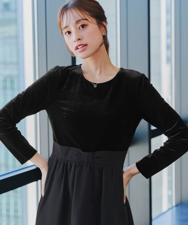 Tiaclasse 【洗える】ベロア異素材ドッキングワンピース ブラック