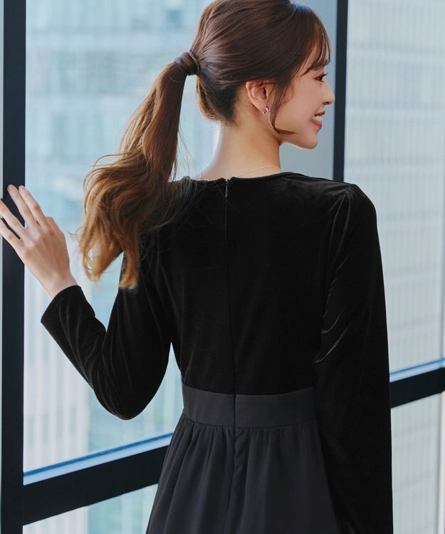 Tiaclasse 【洗える】ベロア異素材ドッキングワンピース ブラック