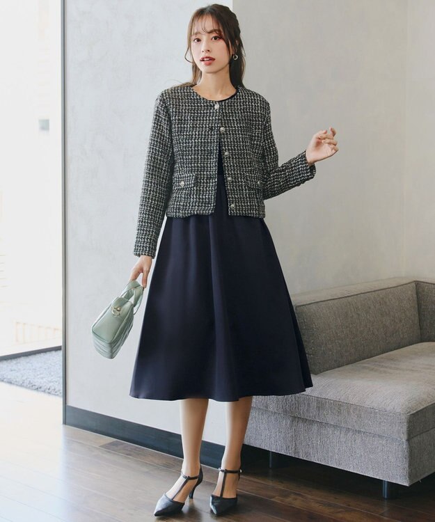 Tiaclasse 【洗える】ベロア異素材ドッキングワンピース ネイビー