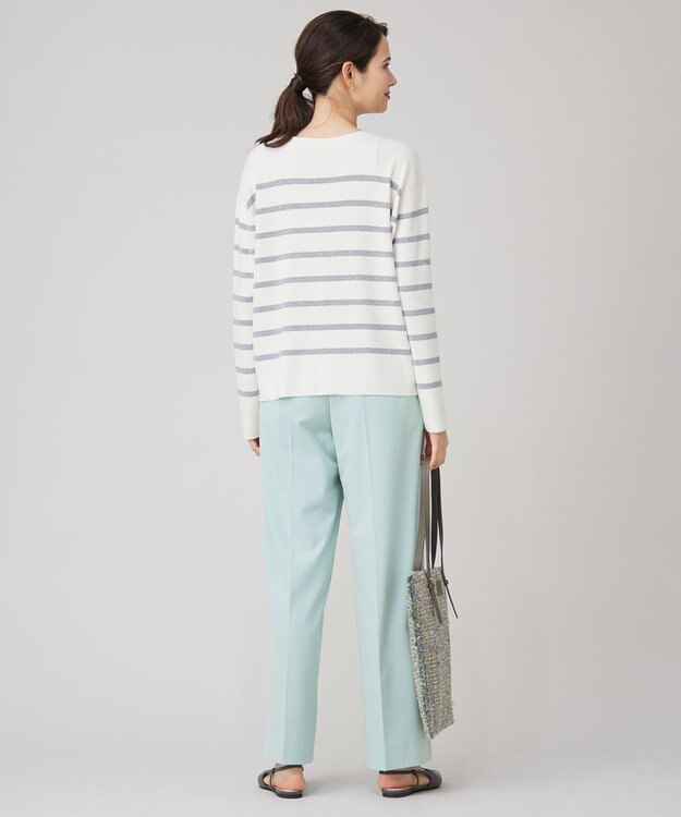 自由区 【洗える】コットンウールハイゲージボーダー ニット エクリュ×ライトグレー