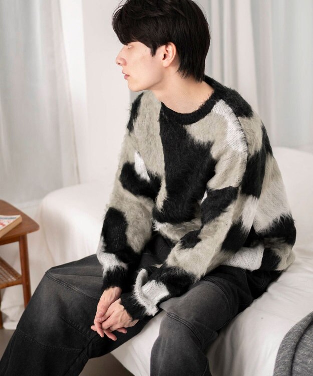 WEGO 【ユニセックス着用ITEM】マーブルシャギーニットプルオーバー ブラック